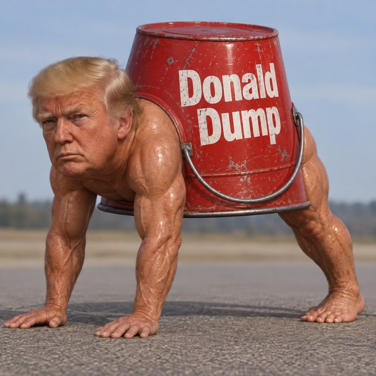 Surreal Donald Dump meme: Donald Trump with a red bucket body and muscular limbs